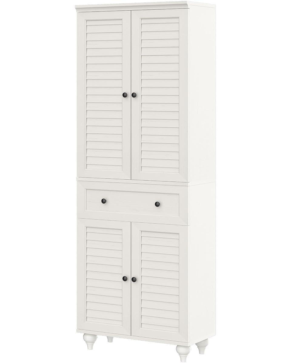 80" Tall Storage Cabinet with Louvered Doors and Adjustable Shelves, Farmhouse Kitchen Pantry Cabinet, Freestanding Storage for Dining Room, Living Room, Home Office, Bathroom, Rustic White