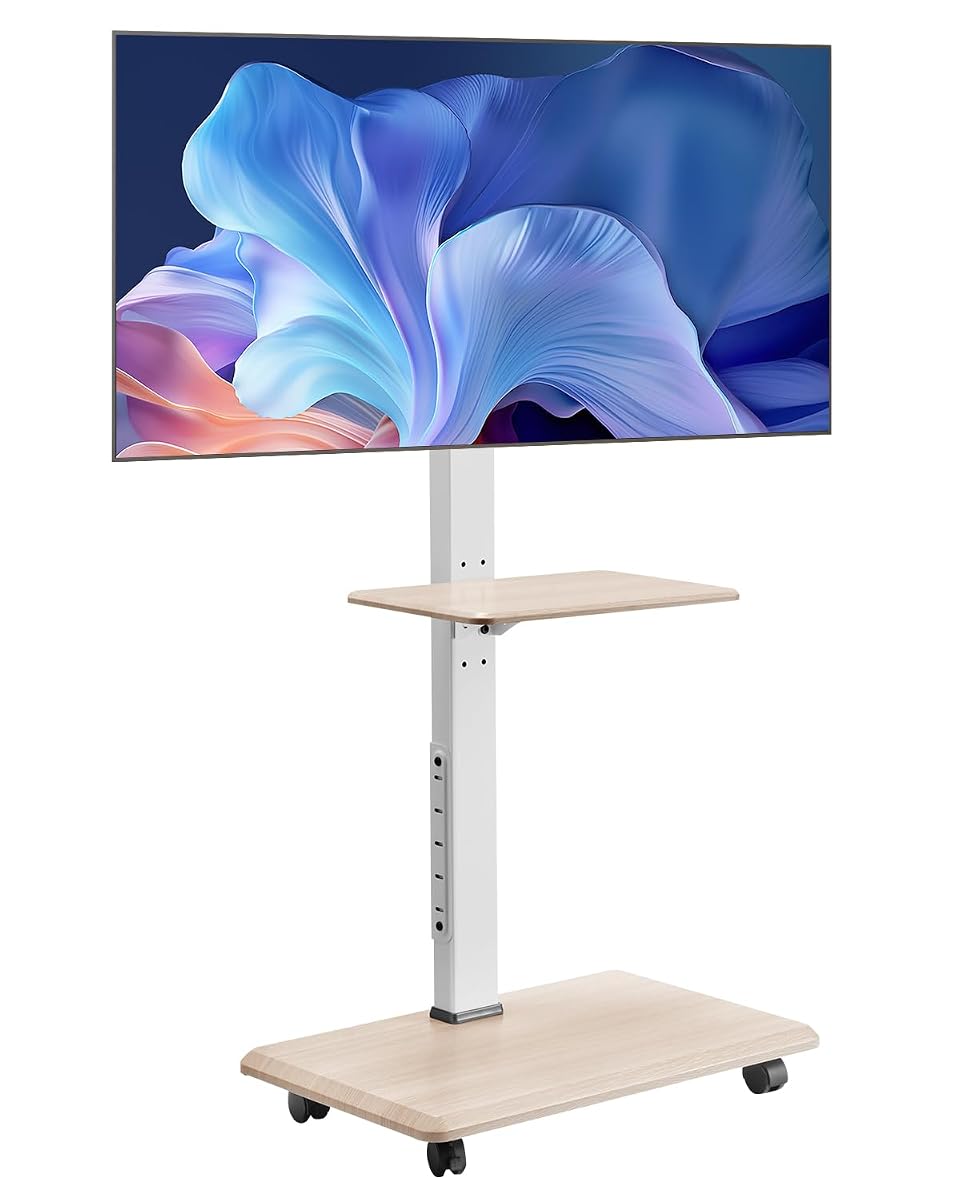 Rolling TV Stand, Mobile TV Cart for 32-70 Inch Screens, 25° Left-Right Rotation and Height Adjustable TV Mount with Tray, Holds up to 88 lbs for Corner, Bedroom, Outdoor, Max VESA 600x400mm