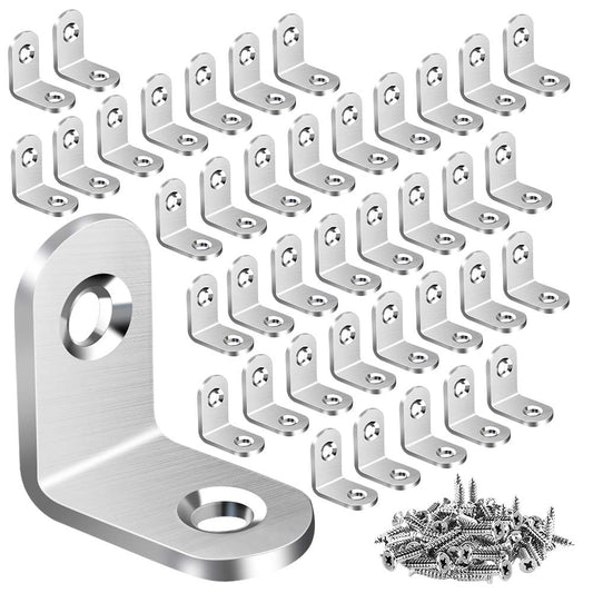 40PCS L Bracket Corner Brace, Stainless Steel L Brackets for Shelves, Metal Corner Bracket, Small Right Angle Brackets for Wood Furniture Chair Drawer Cabinet with 80PCS Screws (0.79 x 0.79 inch)