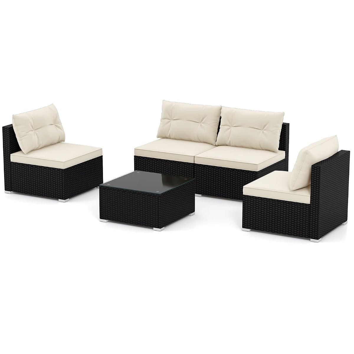 5-Piece Outdoor Patio Furniture Set, Rattan Sectional Sofa Set w/Glass-Top Coffee Table, Soft Seat & Back Cushions, Bistro Set for Garden Backyard Porch, Wicker Conversation Set (Off White)