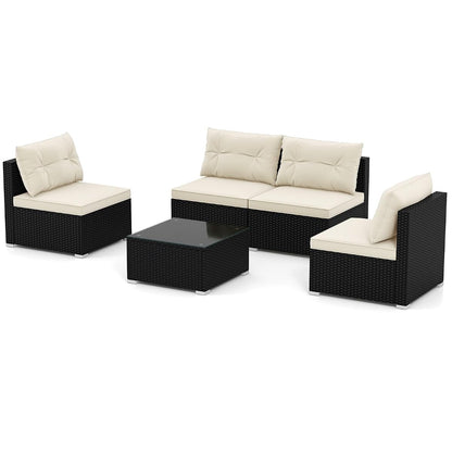 5-Piece Outdoor Patio Furniture Set, Rattan Sectional Sofa Set w/Glass-Top Coffee Table, Soft Seat & Back Cushions, Bistro Set for Garden Backyard Porch, Wicker Conversation Set (Off White)