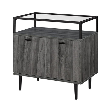 Modern Glass and Wood End Side Table Living Room Storage Small End Table, 2 Drawer, Slate Grey