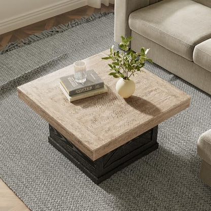 31.5 in Rustic Coffee Table for Living Room with X-Design, Square | Farmhouse Center Table, Wooden Pedestal, Small Space, Home Office Tea Accent Table for Apartment, Easy Assembly, Dark Oak