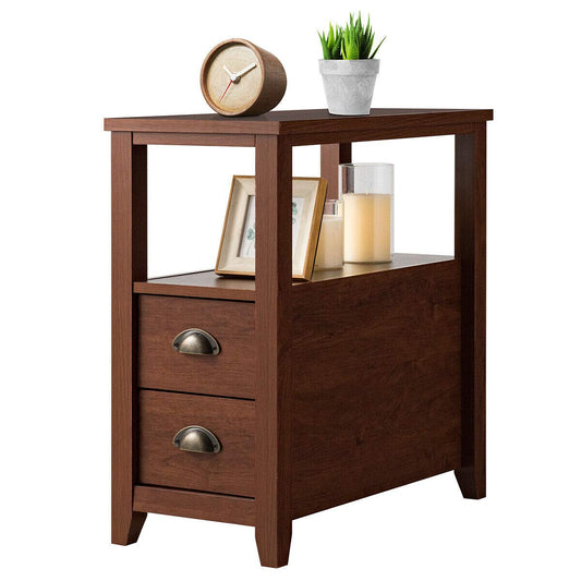 Brown retro end table with 2 drawers and shelf