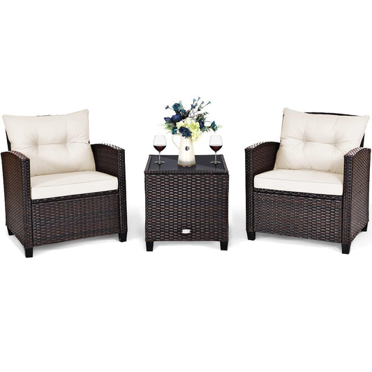 3 Pieces Patio Conversation Set, Outdoor Furniture Set PE Rattan Sofa Set with Removable Cushions, PE Wicker Chairs with Tempered Glass Side Table for Porch Lawn Garden Balcony Backyard