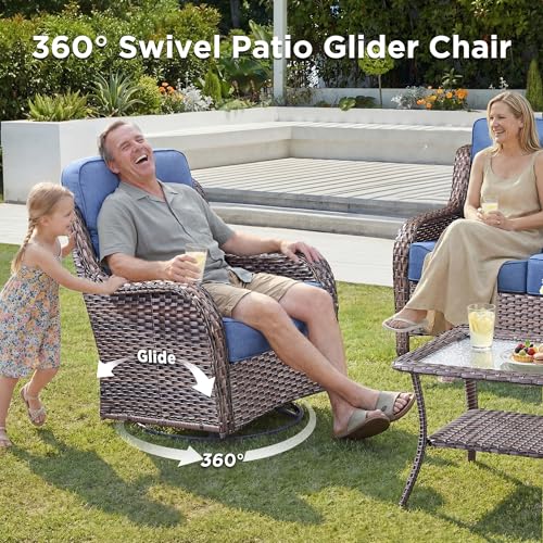 Luxury Patio Furniture Set with Fire Pit Table-6 Pieces All Weather Outdoor Swivel Rocker Chairs with Sofa and Ottomans. Outdoors Patio Conversation Sets for Porch Deck Garden Backyard(Brown/Blue)