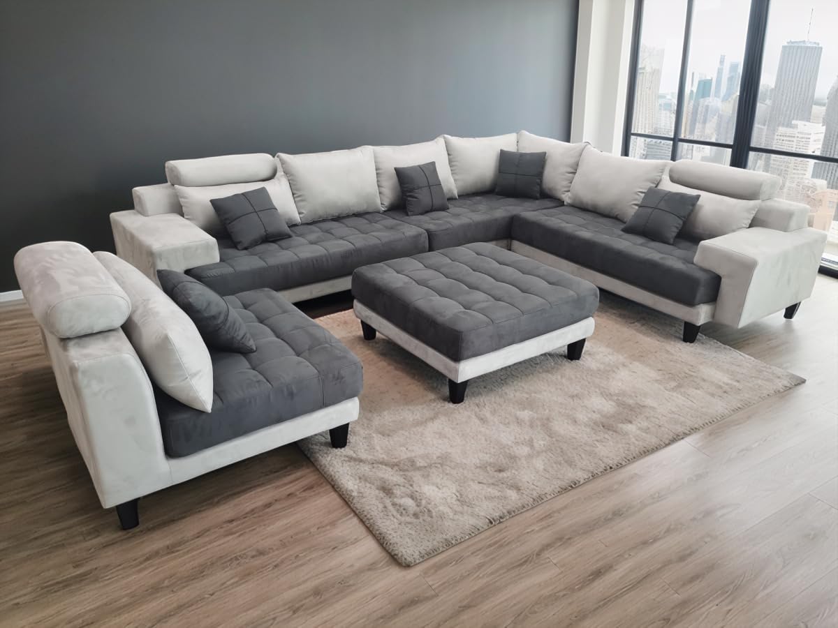 L Shape U Shape Reversible Modern Microfiber Fabric Sectional Couch Sofa Set S150D (2 Tone Grey/Dark Grey)