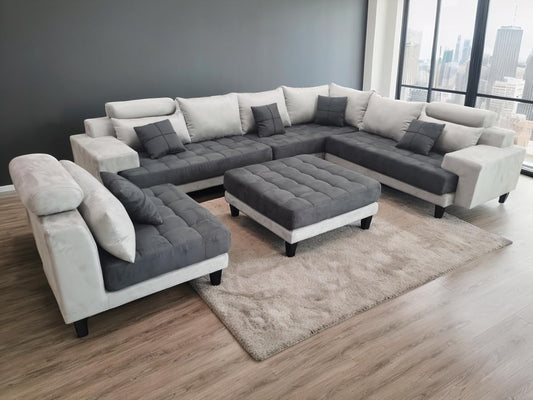 L Shape U Shape Reversible Modern Microfiber Fabric Sectional Couch Sofa Set S150D (2 Tone Grey/Dark Grey)