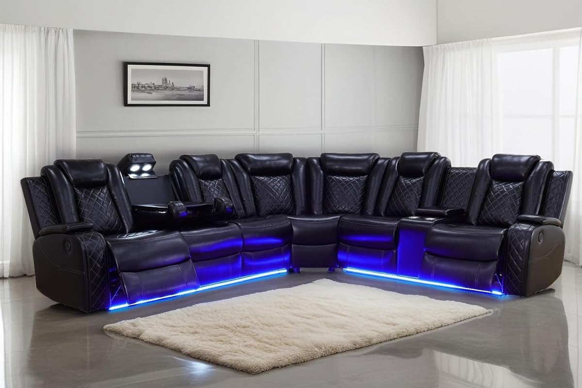 Power Recliner Sectional Sofa Set with LED Light, Leather Reclining Sectional Couches Corner Sectional Sofa Set with 2 Recliner Seats for Living Room with Cup Holder, Storage Console, Black