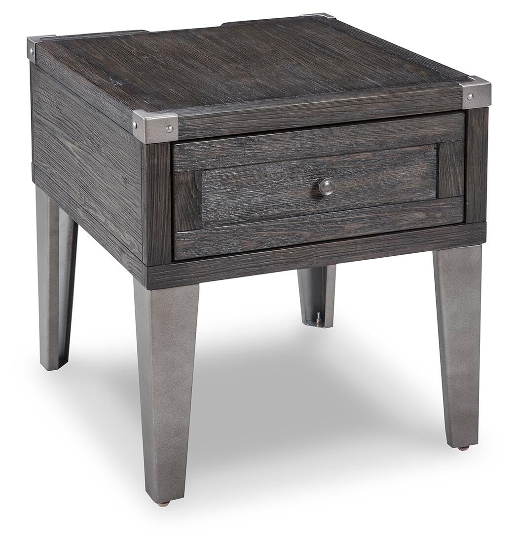 Dark gray industrial square end table with drawer and charging ports