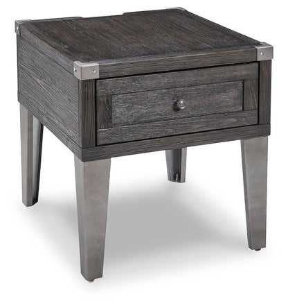 Dark gray industrial square end table with drawer and charging ports