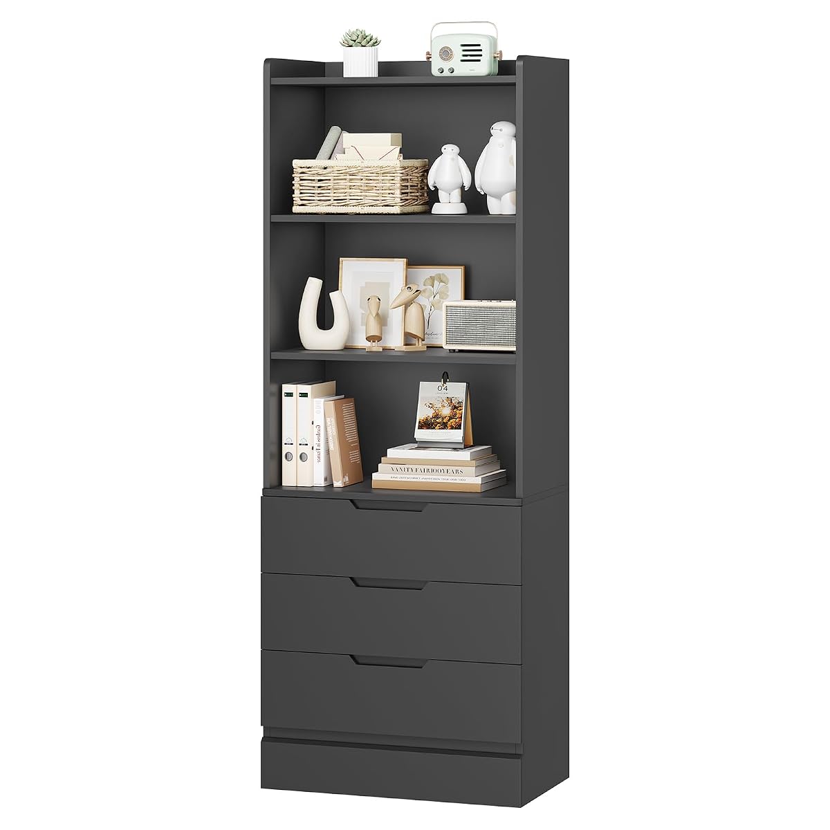 Bookcase with 3 Drawers and Shelves 73.23'' Tall Bookshelf with Storage Modern Wood Closet Drawers System,Closet Organizer Unit Freestanding Tall Storage Cabinet for Home Office,Bathroom,Black