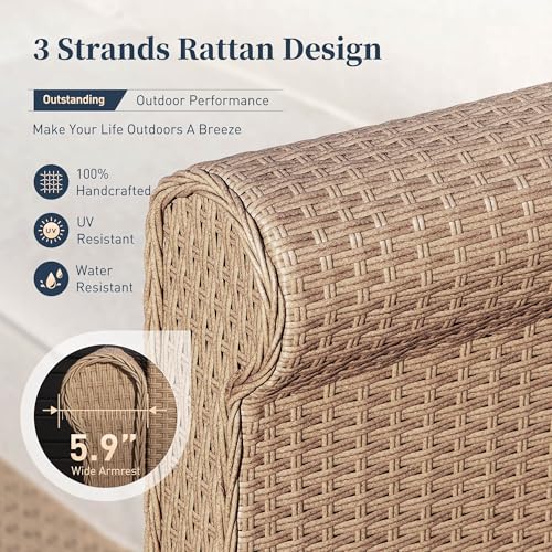 Patio Furniture Set 6 Piece, Wicker Rattan Sectional Sofa Couch with 5.5" Thick Waterproof Cushion and Coffee Table, L Shape All Weather Outdoor Conversation Set for Lawn Backyard Deck, Beige