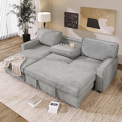 LUMISOL 89" Convertible Sleeper Sofa Bed, Modern L-Shaped Sectional Sofa Pull Out Couch with Chaise, Upholstered Sofa Bed with Cup Holder, USB Ports for Living Room, Small Apartment, Gray