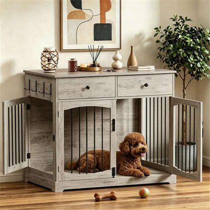 40" Gray Dog Crate End Table, Engineered Wood, 2 Drawers, Reinforced Steel