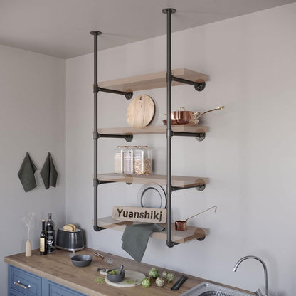 2Pc (56" Tall 12" deep 3/4") Industrial Wall Mount Iron Pipe Shelf Shelves Shelving Bracket Black Bookshelf Bookcase DIY Storage Office Kitchen (4Tier Hardware only)