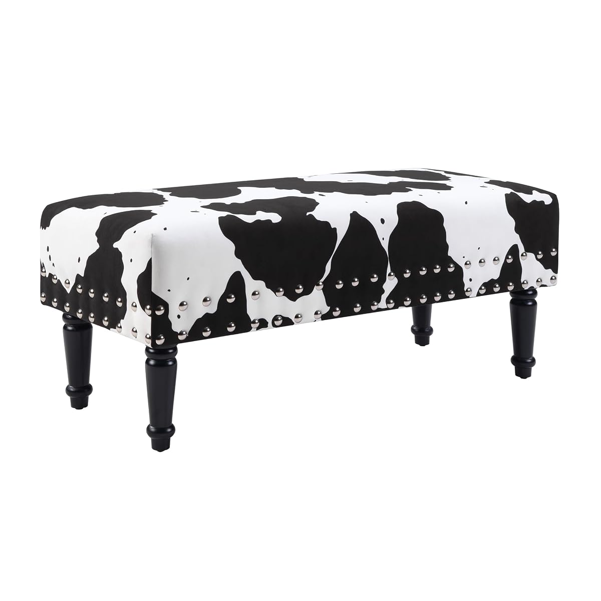 Designs4Comfort Cow Print Bench Ottoman 40" - Farmhouse, Rustic Wide Upholstered Footstool & Seat, for Living Room, Bedroom, Hallway & Entryway, Black Fabric
