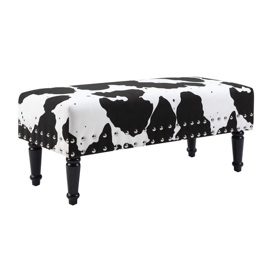 Designs4Comfort Cow Print Bench Ottoman 40" - Farmhouse, Rustic Wide Upholstered Footstool & Seat, for Living Room, Bedroom, Hallway & Entryway, Black Fabric