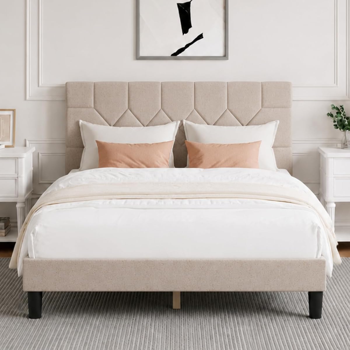 Queen Bed Frame with Headboard, Bed Frame Queen Size with Wood Slats Support