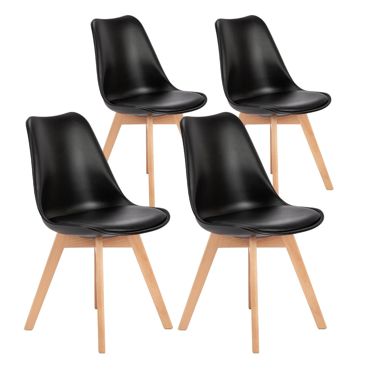 Set of 4 Dining Kitchen Mid-Century Modern Chairs with Wood Legs and PU Leather Cushion, Upholstered Seating for Living Room Bedroom Outdoor Lounge, Black
