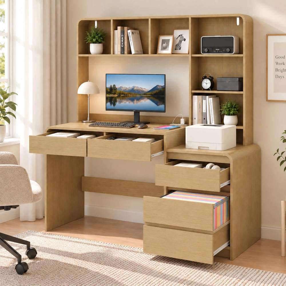 55.1" Computer Desk with Hutch & 4 Storage Drawers
