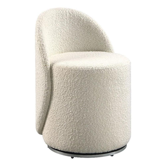 Fabric Swivel Vanity Chair, Cream Boucle Fabric, 360° Swivel, Small Barrel Design, 27" H x 20" W x 20.25" D, Modern Cottage Style, Glamorous Seating for Bedroom, Closet or Guestroom