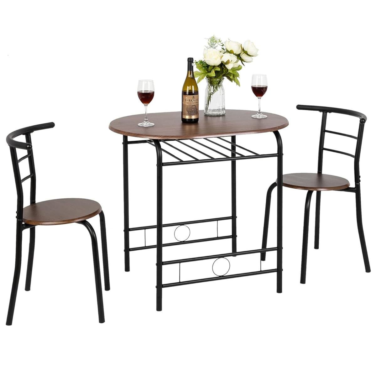 3 Piece Dining Set,Small Kitchen Table Set for 2,Breakfast Table Set for 2,Kitchen Wooden Table and 2 Chairs for Small Space/Dining Room/Apartment,Metal Frame,Wine Rack,Black&Walnut