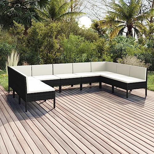 9 Piece Patio Lounge Set with Cushions Poly Rattan Black Outdoor Sectional Sofa PE Wicker Garden Furniture Modular Seating for Backyard Poolside Deck
