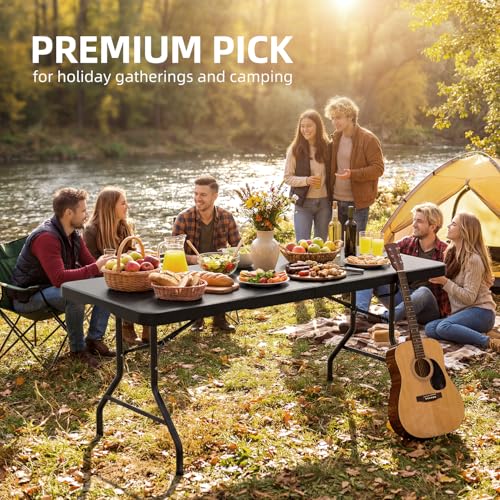 6FT Folding Table with Carrying Handle: Upgrade Thickened Heavy Duty Portable Foldable Table | Plastic Folding Tables for Party, Dining, Wedding, Events, Picnic Indoor, Outdoor, Camping, Utility Black