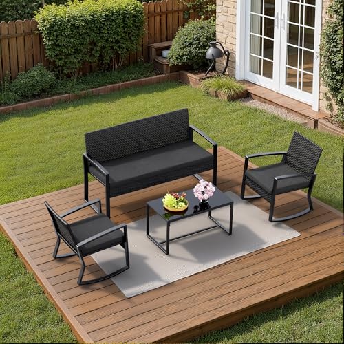 4 Piece Patio Furniture Set, Outdoor Wicker Patio Furniture with Glass Coffee Table, Modern Rattan Rocking Chairs Conversation Set, for Porch, Garden, Lawn (Black)