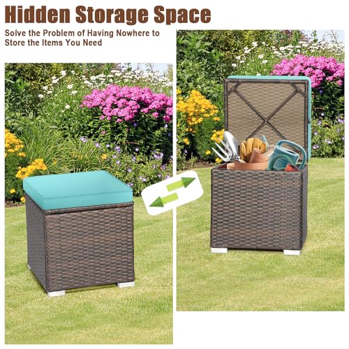 Wicker Outdoor Storage Ottoman, 2-Piece Rattan Footstool w/Removable Cushion, Multipurpose Footrest Stool Side Table Additional Seating, Set of 2 Outdoor Ottomans for Patio Deck (Turquoise)