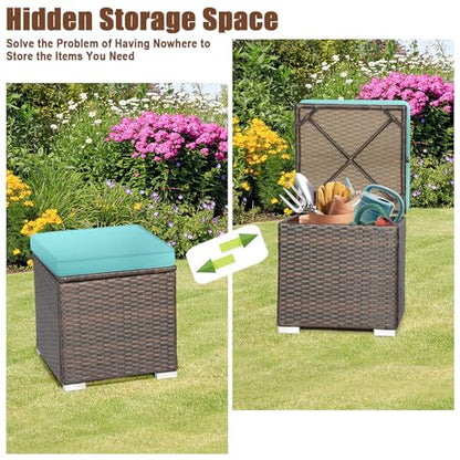 Wicker Outdoor Storage Ottoman, 2-Piece Rattan Footstool w/Removable Cushion, Multipurpose Footrest Stool Side Table Additional Seating, Set of 2 Outdoor Ottomans for Patio Deck (Turquoise)