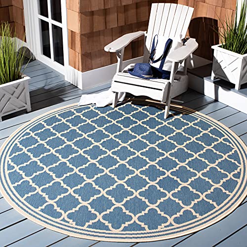 SAFAVIEH Washable Rug Outdoor Beach House Collection - 6'7" Round, Blue & Cream, Non-Shedding & Easy to Clean, Ideal for Patio, Backyard, Mudroom (BHS121M)