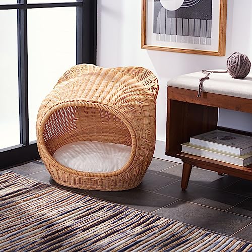 SAFAVIEH Home Collection Toru Honey Rattan/White Cushion Dome Cat Bed