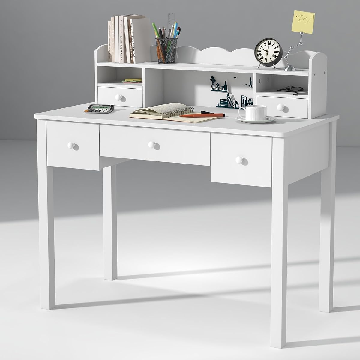 Writing Desk with Hutch, 40" Small White Desk for Girls, 5 Drawers