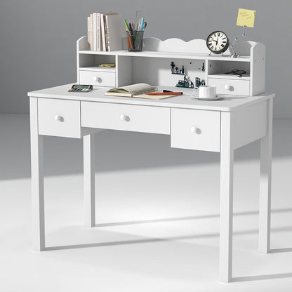 Writing Desk with Hutch, 40" Small White Desk for Girls, 5 Drawers