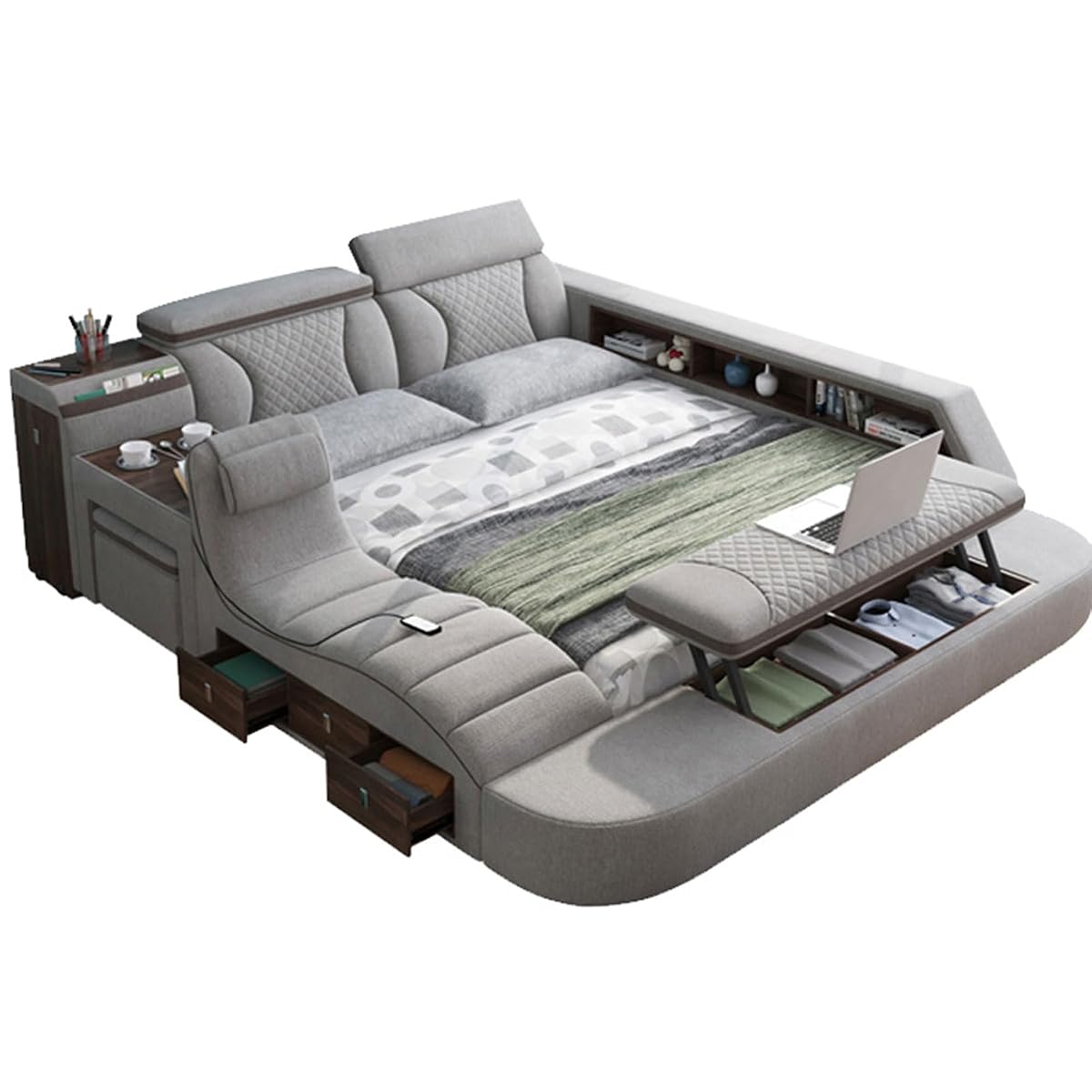 Modern Wooden Queen Bed Queen Size Platform Bed Frame Multifunctional USB