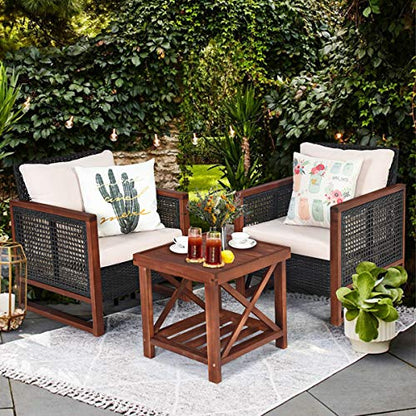 3 Pieces Patio Wicker Furniture Set, Rattan Outdoor Sofa Set w/Washable Cushion & Acacia Wood Coffee Table, Conversation Bistro Set for Garden Balcony Backyard (Beige)