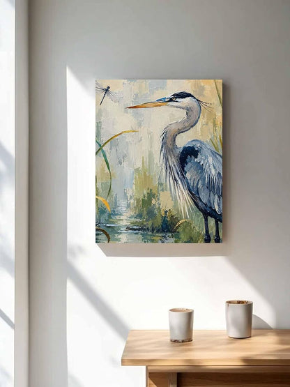 NuYeBiofx Heron Bird Country Sage Green Canvas Wall Art Prints,48"x32" Framed Picture Artwork Watercolor Oil Painting Style Printed Canvas Oil Painting for Living Room Bedroom Office,Ready to Hang