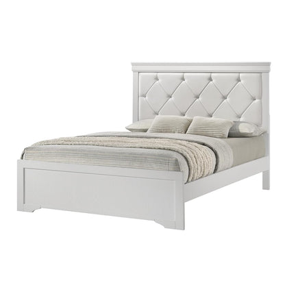 Trending Large White Finish Queen Size Panel Bed with Crystal-Like Button Tufted Headboard for Modern Bedroom Furniture