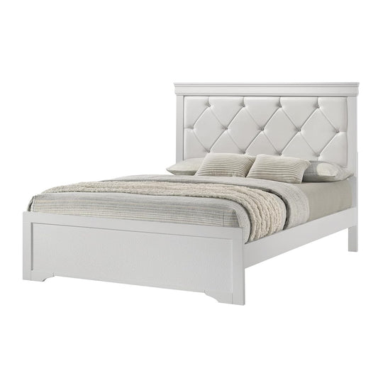 Trending Large White Finish Queen Size Panel Bed with Crystal-Like Button