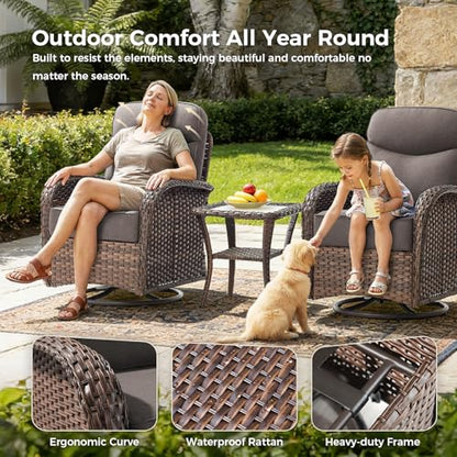Luxury Outdoor Swivel Rocker Patio Chairs with 6-Inch Thick Cushions, High Back Swivel Glider Patio Chairs, 3PCS Wicker Outdoor Furniture Set for Porch, Patio, Yard, Deck, Poolside, Brown/Grey