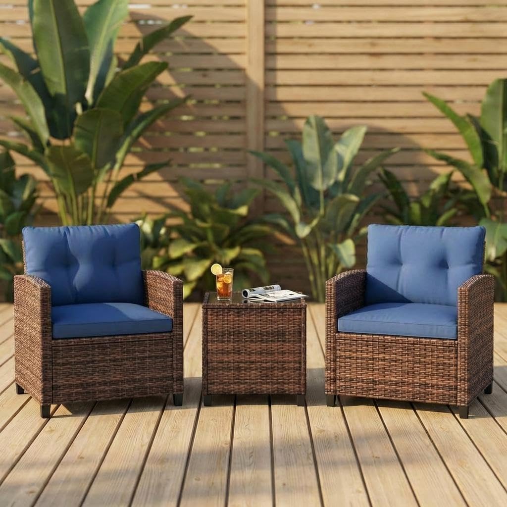 3 Pieces Patio Furniture Set, PE Rattan Patio Conversation Set with Tempered Glass Tabletop, Outdoor Wicker Chairs and Table Set for Patio Balcony Garden, Brown & Blue