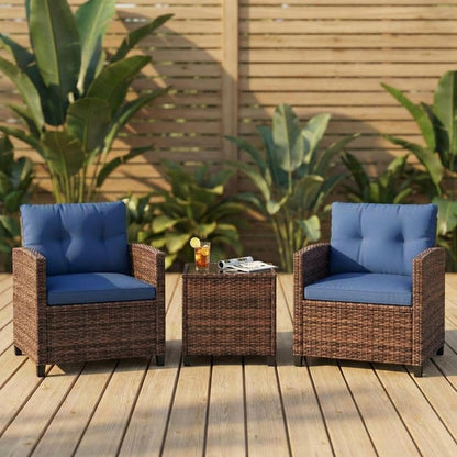 3 Pieces Patio Furniture Set, PE Rattan Patio Conversation Set with Tempered Glass Tabletop, Outdoor Wicker Chairs and Table Set for Patio Balcony Garden, Brown & Blue