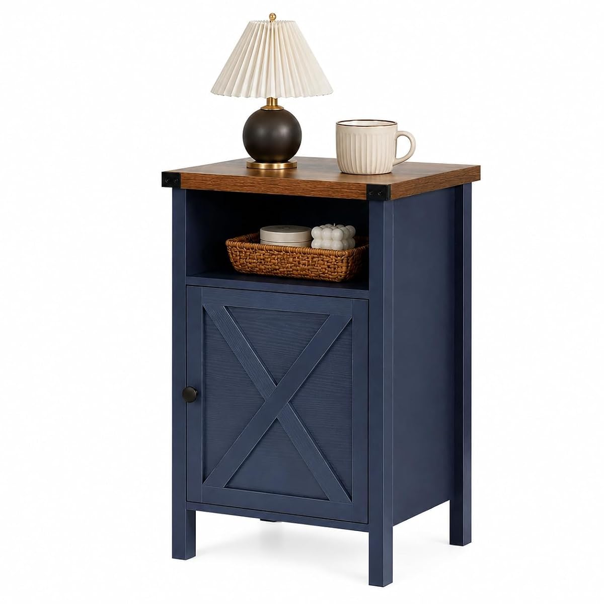 Navy blue farmhouse nightstand with barn door and shelf