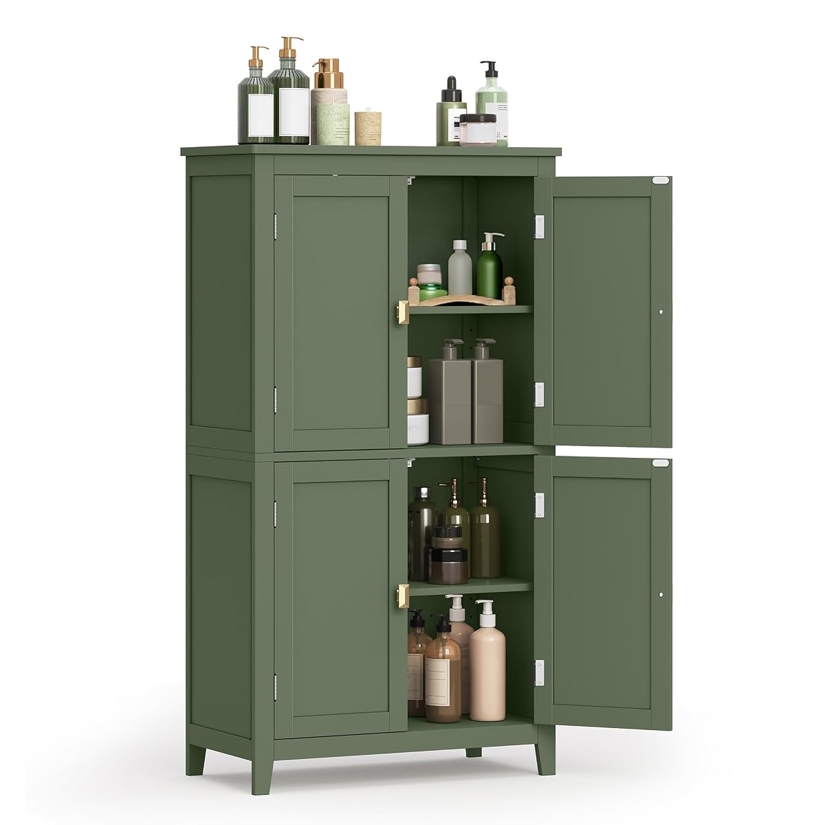 VASAGLE Floor Storage Cabinet, Freestanding Unit, 4 Doors | Adjustable Shelves, 11.8 x 23.6 x 43.3 Inches, for Entryway, Bathroom, Forest Green, UBBC552C01