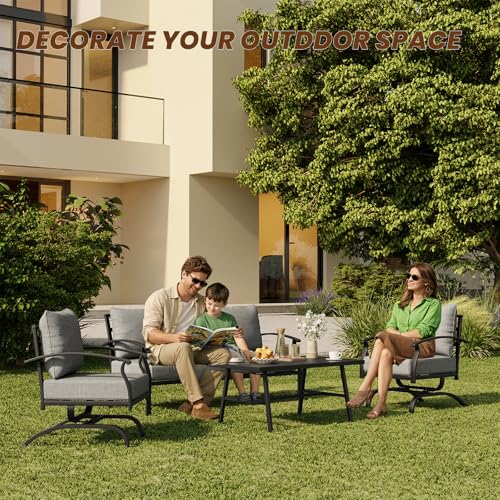 4 Piece Patio Furniture Set,Outdoor Metal Patio Furniture with Coffee Table & Rocking Chairs Conversation Set for Porch,Backyard,Poolside, Garden-Grey