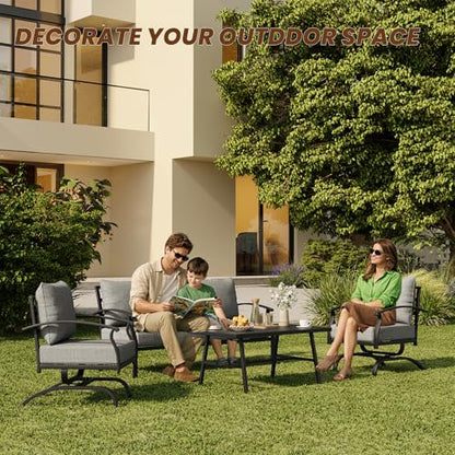 4 Piece Patio Furniture Set,Outdoor Metal Patio Furniture with Coffee Table & Rocking Chairs Conversation Set for Porch,Backyard,Poolside, Garden-Grey