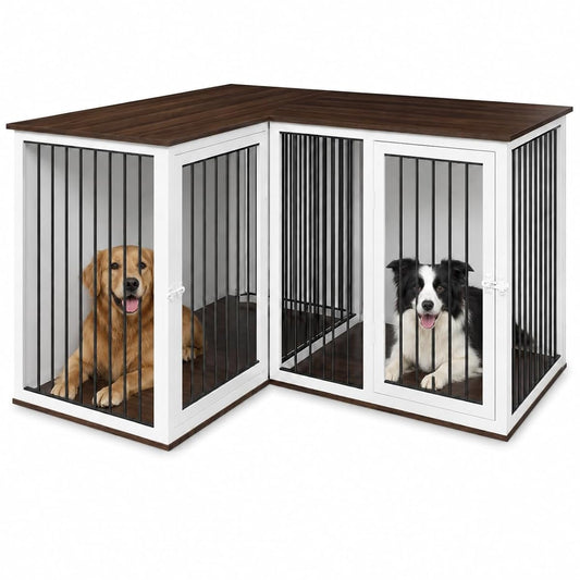 79.1 in L-Shaped Double Dog Crate Furniture for 2 Dogs, White