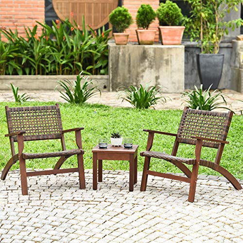3 Pieces Patio Conversation Set, Solid Eucalyptus Wood Frame Outdoor Wicker Furniture Set Bistro Set with Coffee Table, Rattan Furniture Set for Backyard Porch Garden Poolside Balcony (Brown)